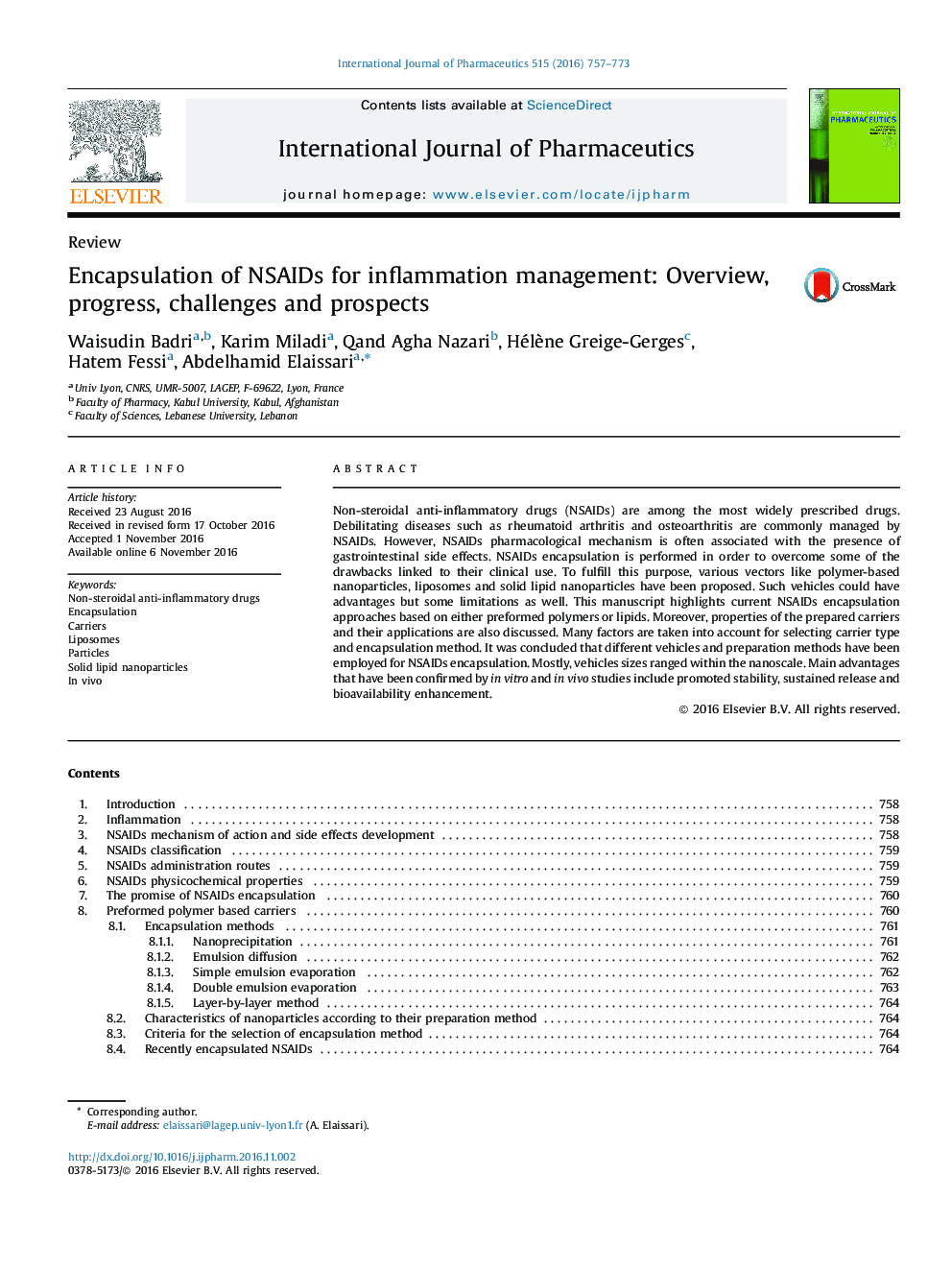 Encapsulation of NSAIDs for inflammation management: Overview, progress, challenges and prospects