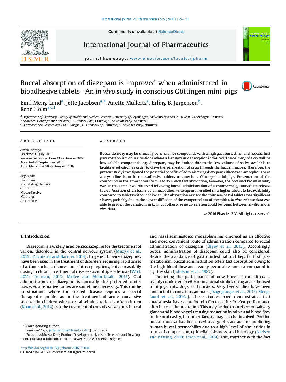 Buccal absorption of diazepam is improved when administered in bioadhesive tablets-An in vivo study in conscious Göttingen mini-pigs