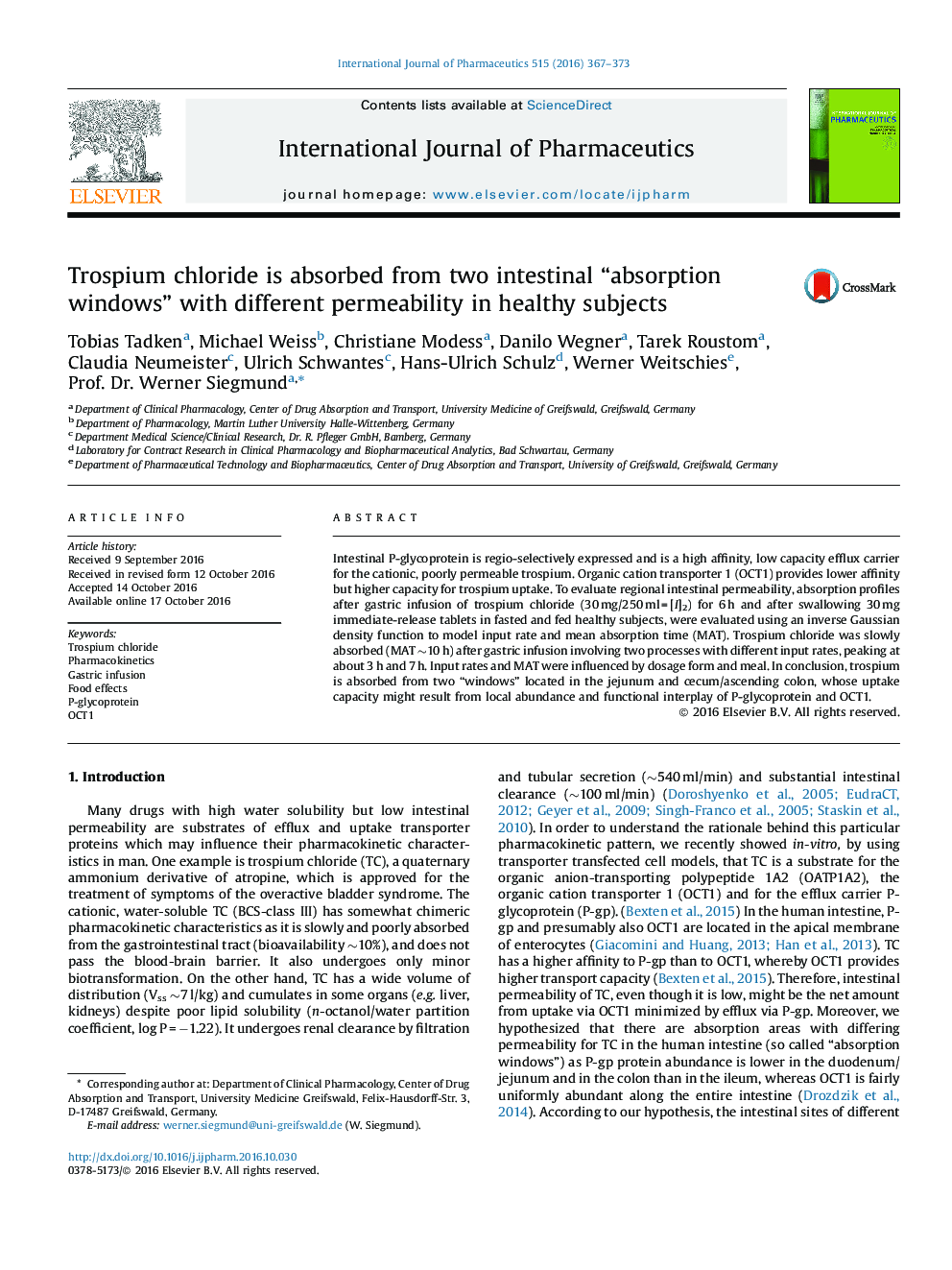 عکس صفحه اول مقاله: Trospium chloride is absorbed from two intestinal “absorption windows” with different permeability in healthy subjects Trospium chloride is absorbed from two intestinal “absorption windows” with different permeability in healthy subjects