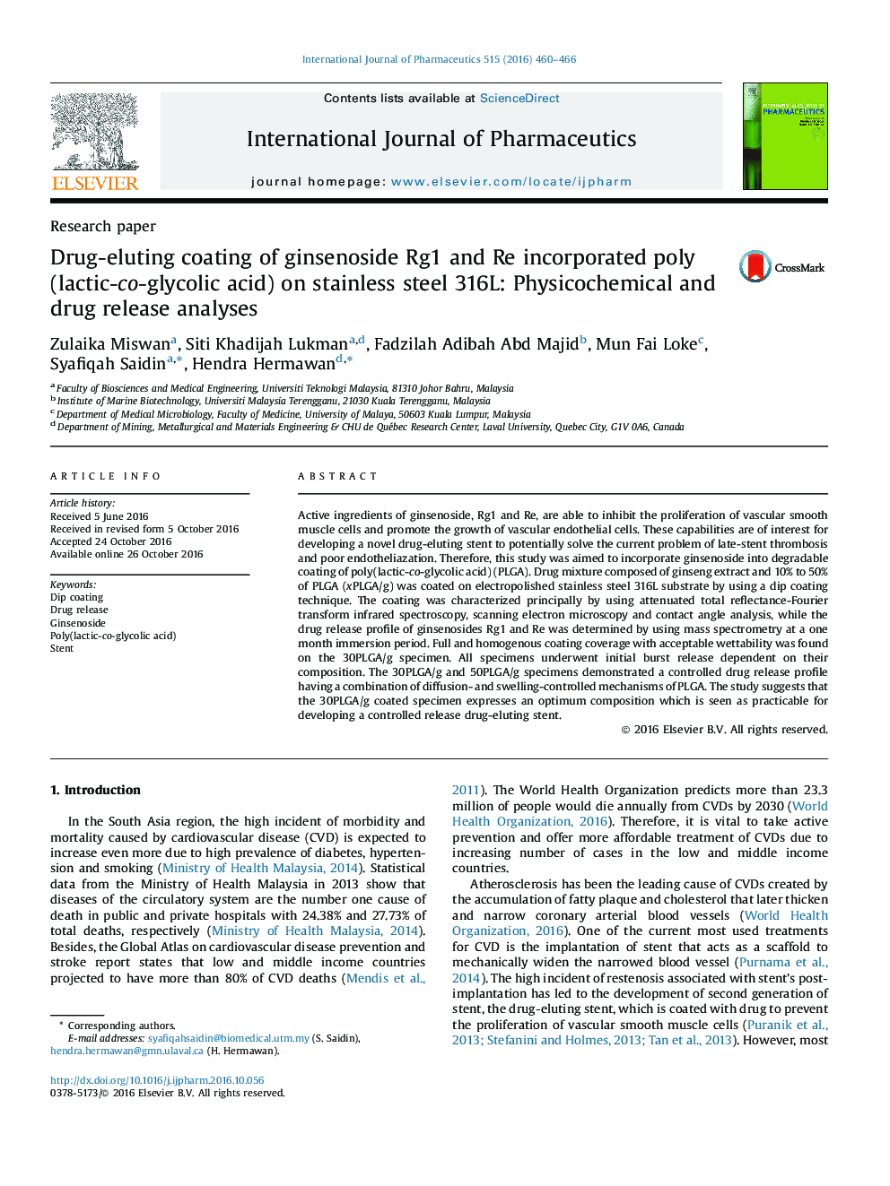 Drug-eluting coating of ginsenoside Rg1 and Re incorporated poly(lactic-co-glycolic acid) on stainless steel 316L: Physicochemical and drug release analyses