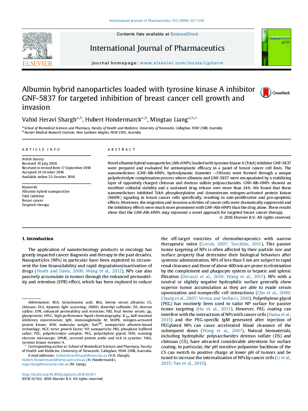 Albumin hybrid nanoparticles loaded with tyrosine kinase A inhibitor GNF-5837 for targeted inhibition of breast cancer cell growth and invasion