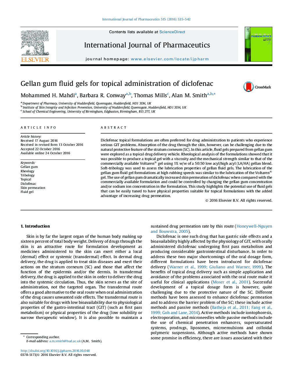 Gellan gum fluid gels for topical administration of diclofenac