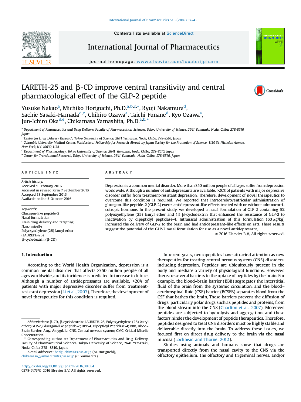 LARETH-25 and Î²-CD improve central transitivity and central pharmacological effect of the GLP-2 peptide