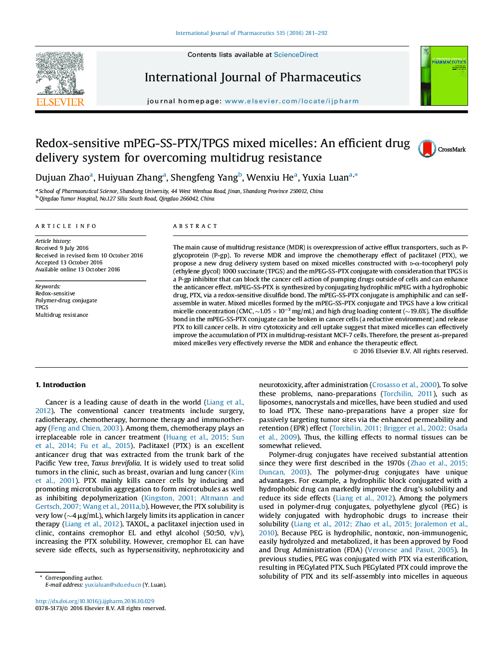 Redox-sensitive mPEG-SS-PTX/TPGS mixed micelles: An efficient drug delivery system for overcoming multidrug resistance