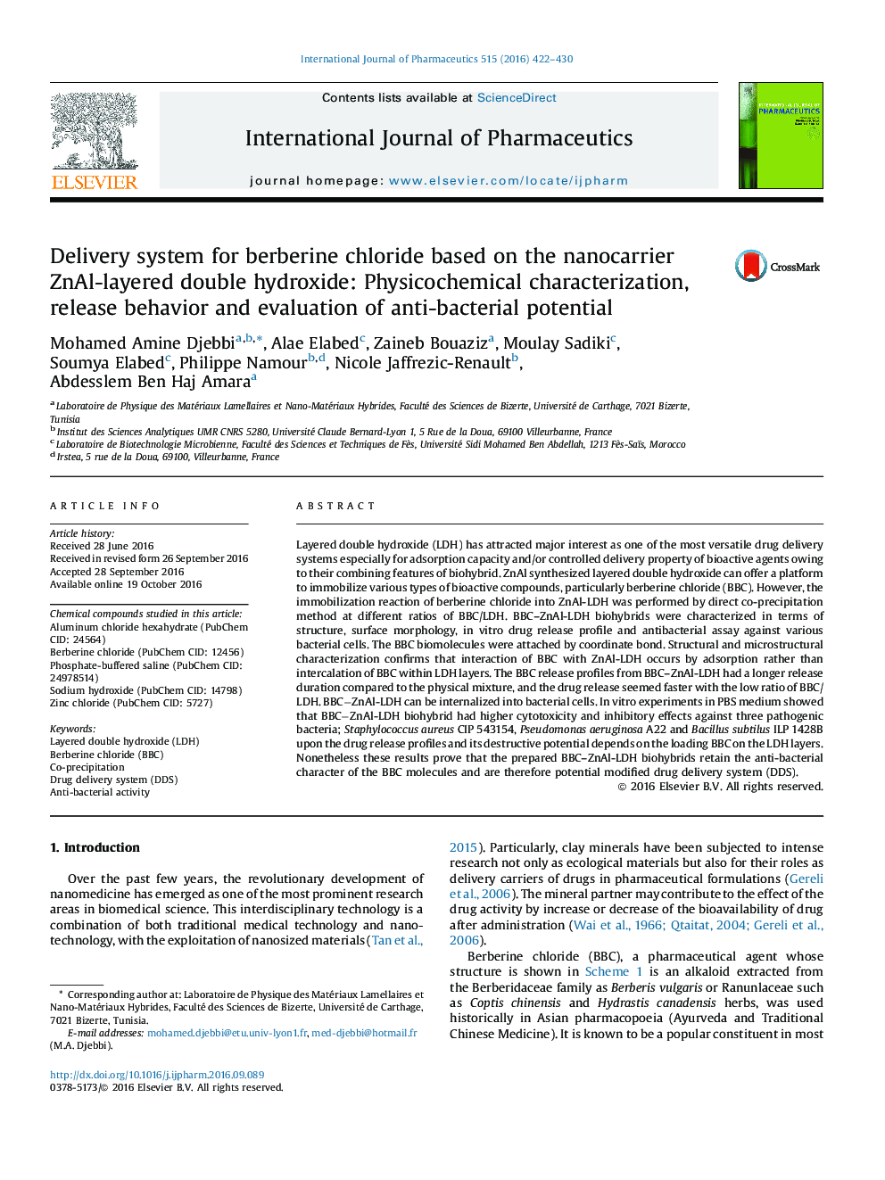 Delivery system for berberine chloride based on the nanocarrier ZnAl-layered double hydroxide: Physicochemical characterization, release behavior and evaluation of anti-bacterial potential