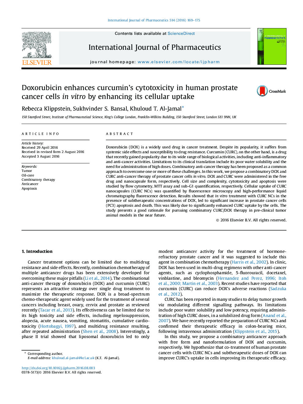 Doxorubicin enhances curcumin's cytotoxicity in human prostate cancer cells in vitro by enhancing its cellular uptake