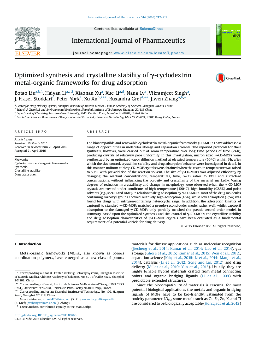 Optimized synthesis and crystalline stability of Î³-cyclodextrin metal-organic frameworks for drug adsorption