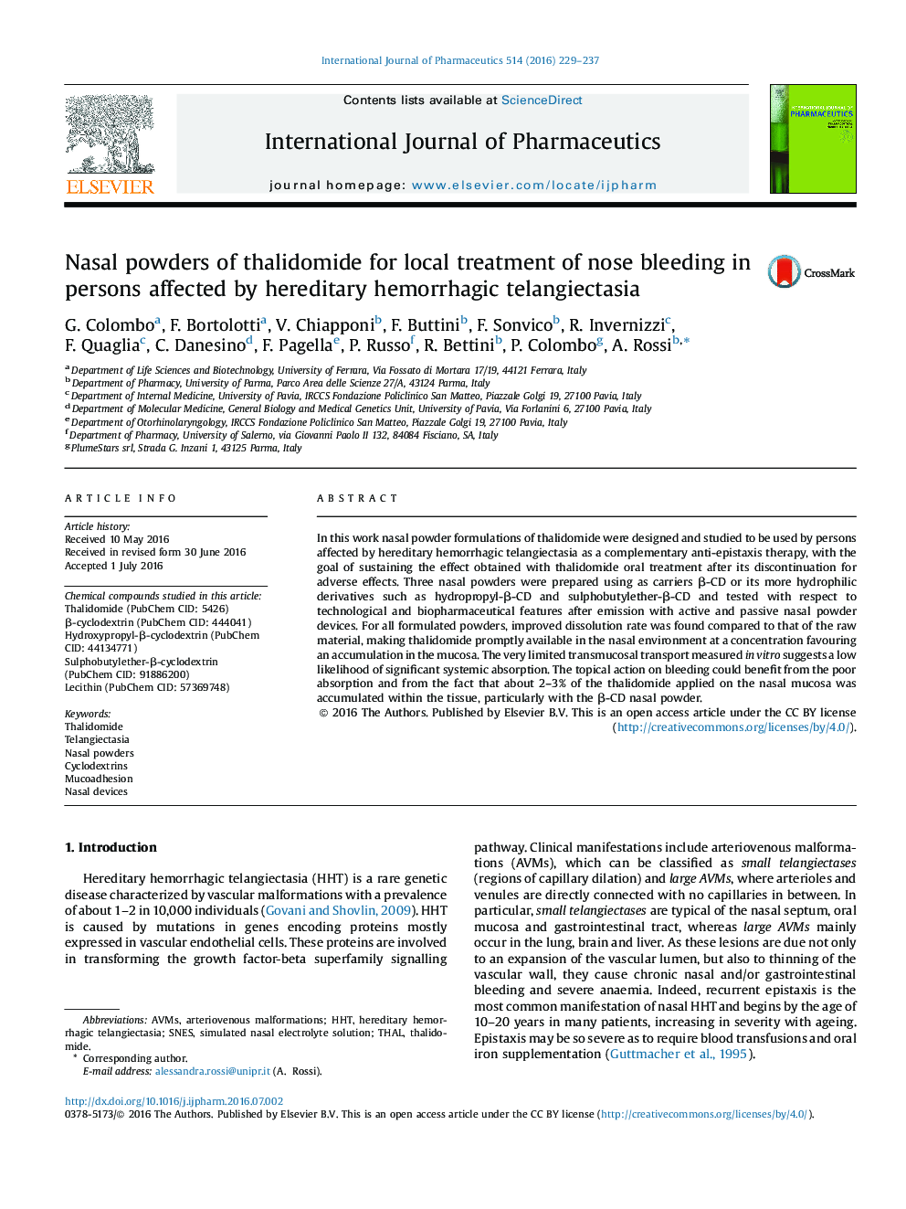 Nasal powders of thalidomide for local treatment of nose bleeding in persons affected by hereditary hemorrhagic telangiectasia