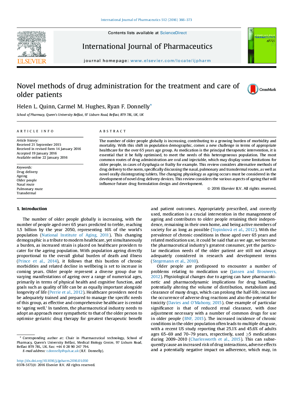 Novel methods of drug administration for the treatment and care of older patients