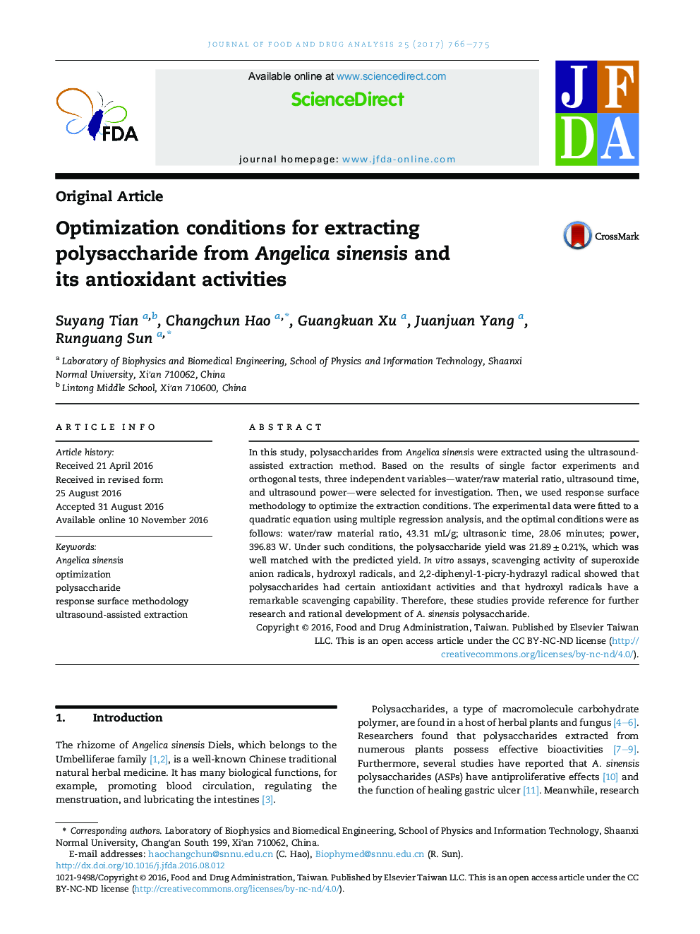 Optimization conditions for extracting polysaccharide from Angelica sinensis and itsÂ antioxidant activities