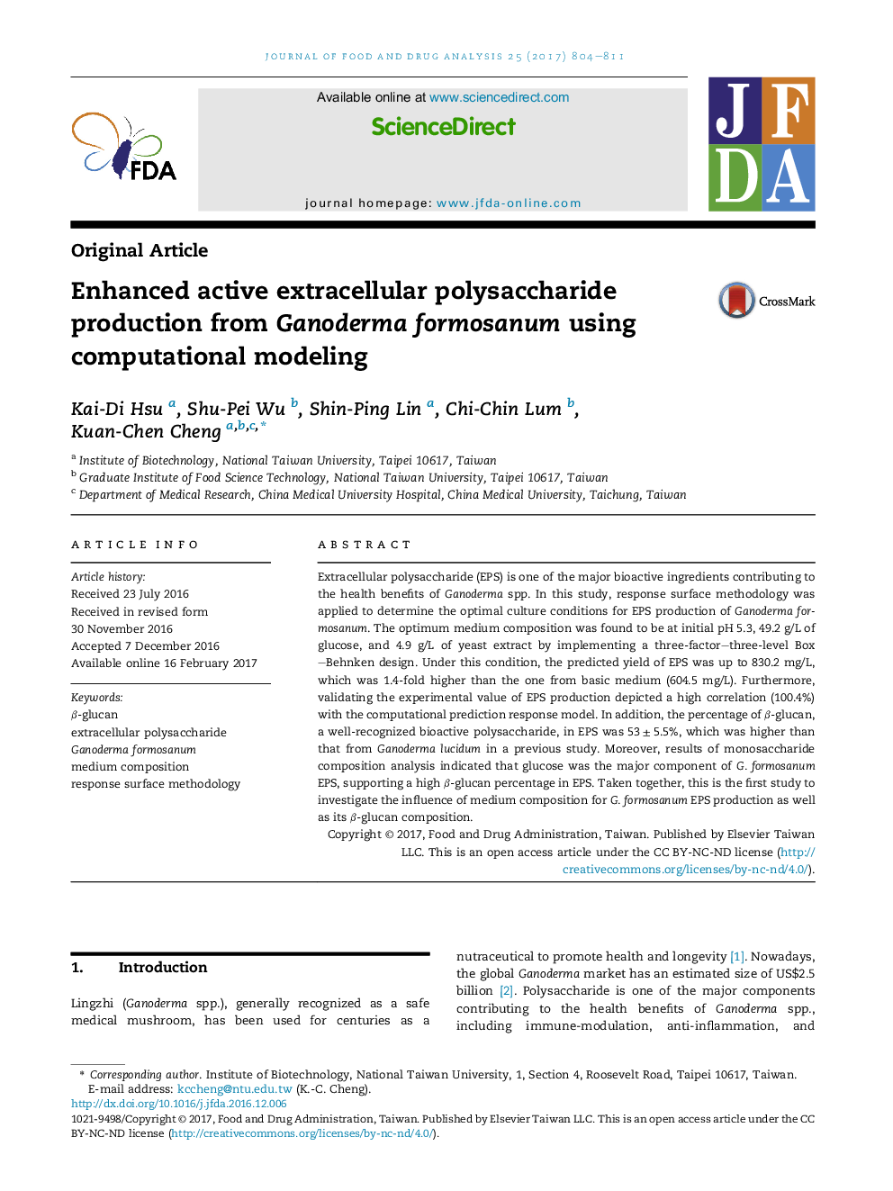 Enhanced active extracellular polysaccharide production from Ganoderma formosanum using computational modeling