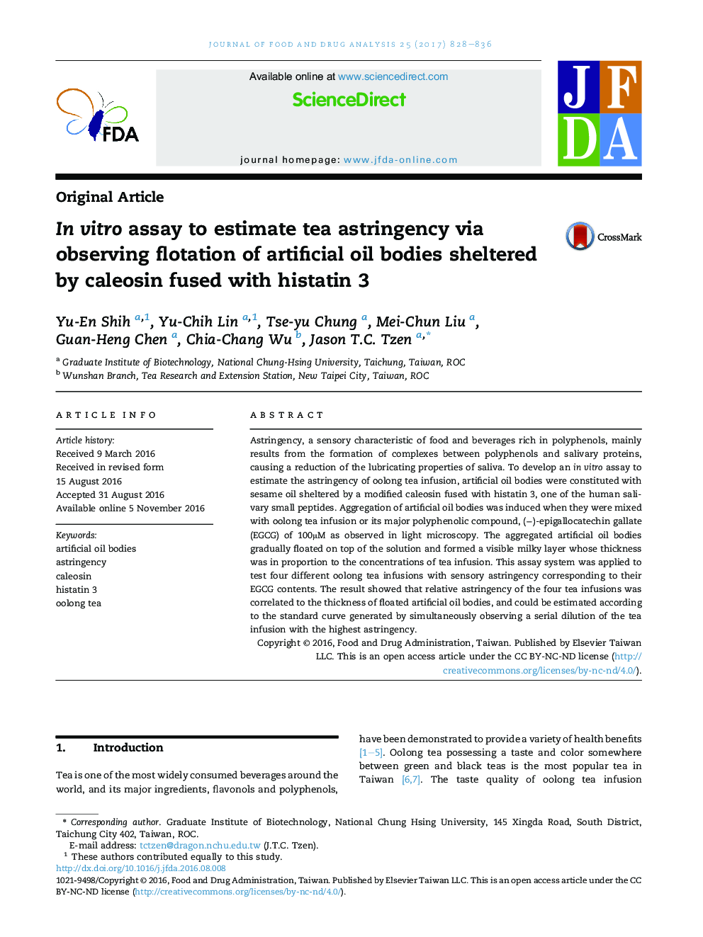 InÂ vitro assay to estimate tea astringency via observing flotation of artificial oil bodies sheltered by caleosin fused with histatin 3