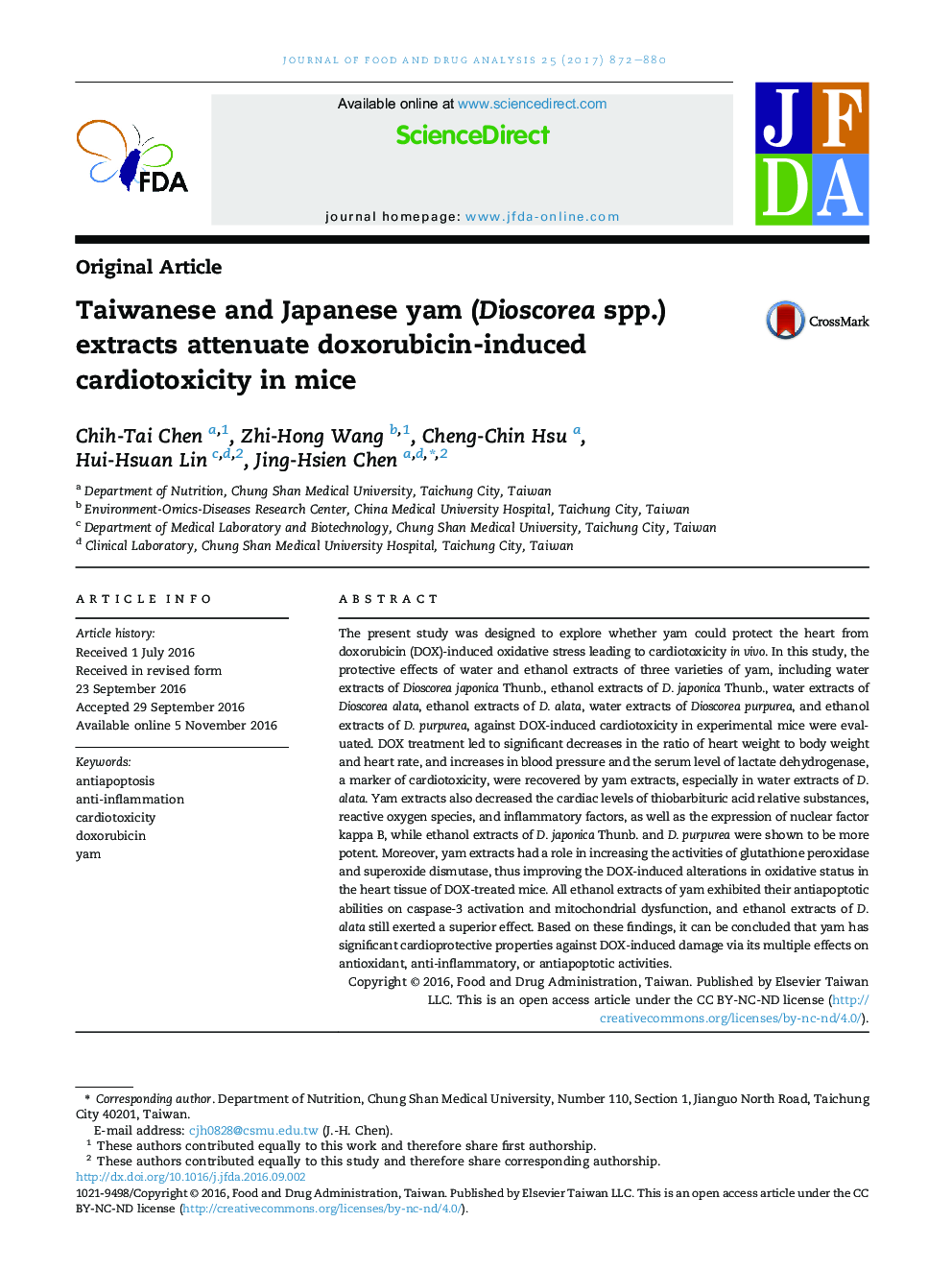 Taiwanese and Japanese yam (Dioscorea spp.) extracts attenuate doxorubicin-induced cardiotoxicity in mice