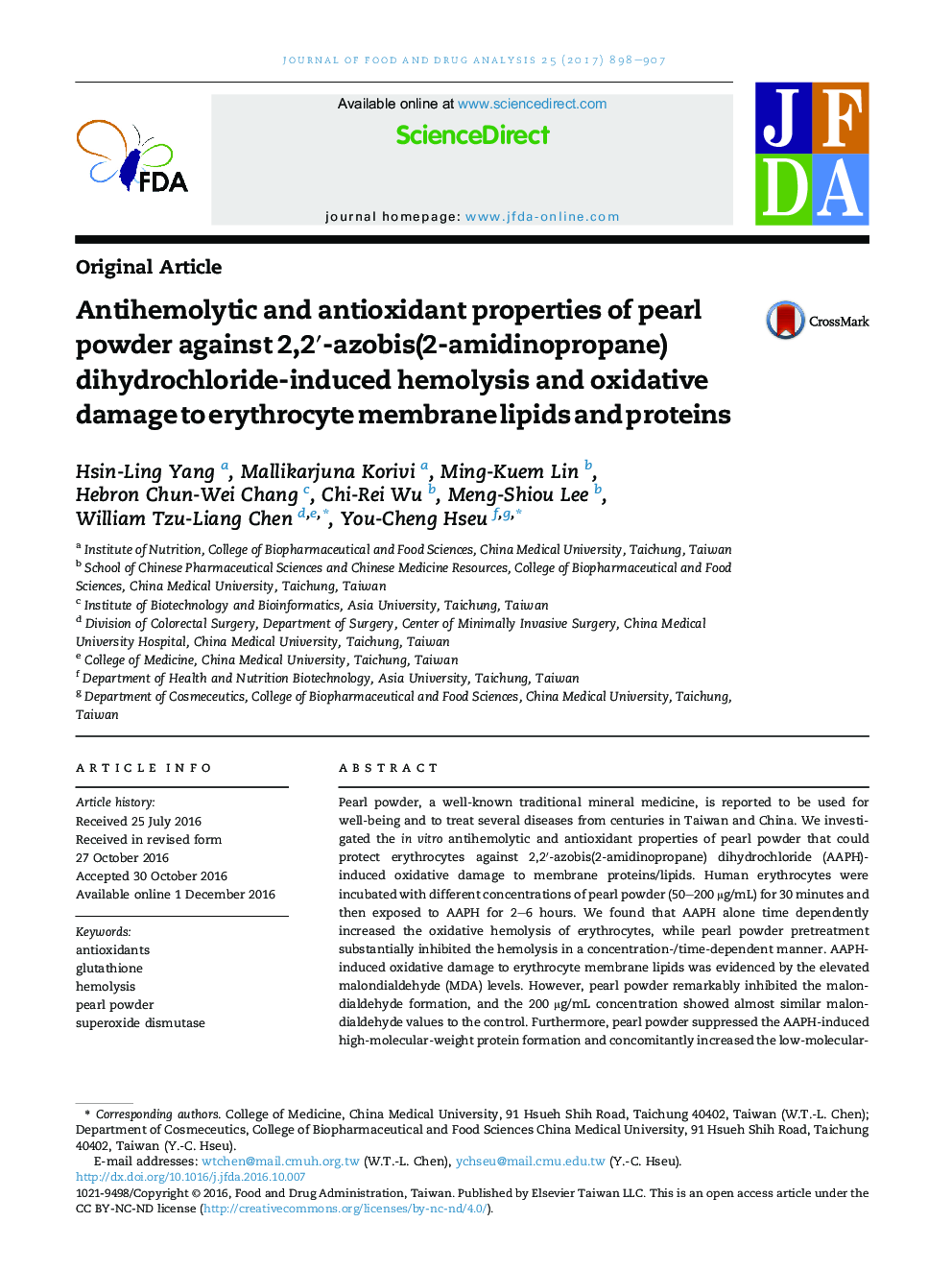 Antihemolytic and antioxidant properties of pearl powder against 2,2â²-azobis(2-amidinopropane) dihydrochloride-induced hemolysis and oxidative damage to erythrocyte membrane lipids and proteins