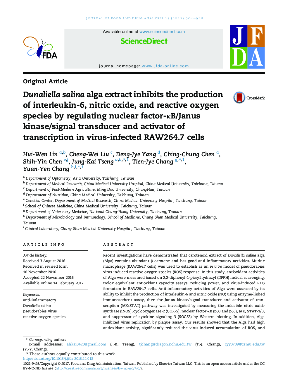 Dunaliella salina alga extract inhibits the production of interleukin-6, nitric oxide, and reactive oxygen species by regulating nuclear factor-ÎºB/Janus kinase/signal transducer and activator of transcription in virus-infected RAW264.7Â cells