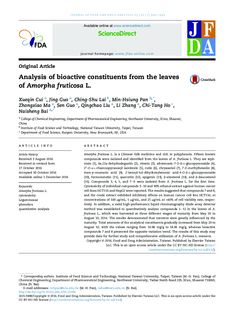 عکس صفحه اول مقاله: Analysis of bioactive constituents from the leaves of Amorpha fruticosa L. Analysis of bioactive constituents from the leaves of Amorpha fruticosa L.