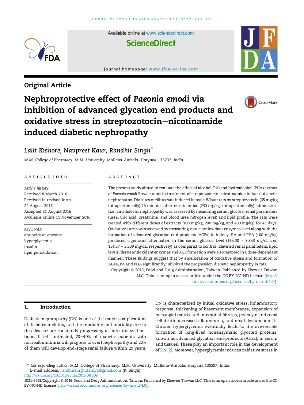 Nephroprotective effect of Paeonia emodi via inhibition of advanced glycation end products and oxidative stress in streptozotocin-nicotinamide induced diabetic nephropathy