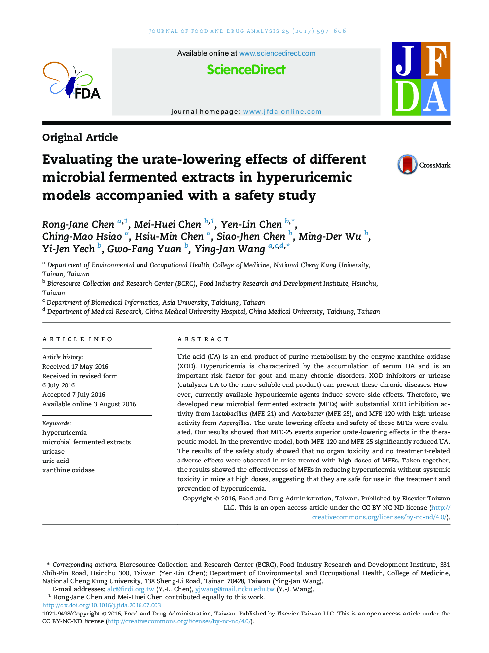 Evaluating the urate-lowering effects of different microbial fermented extracts in hyperuricemic models accompanied withÂ aÂ safety study