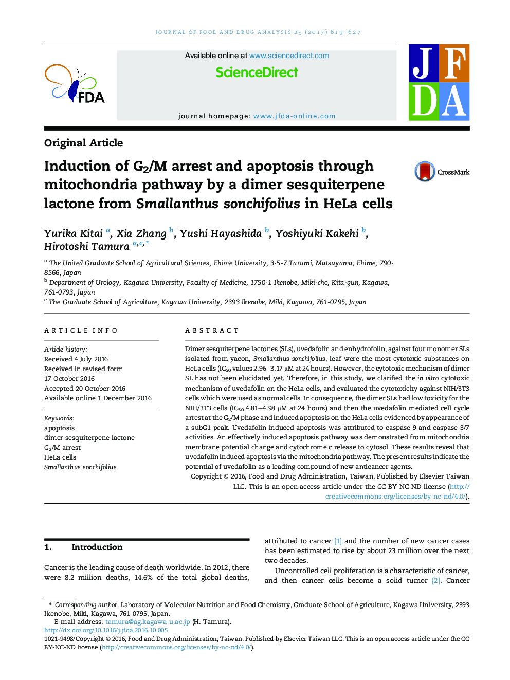 Induction of G2/M arrest and apoptosis through mitochondria pathway by a dimer sesquiterpene lactone from Smallanthus sonchifolius in HeLa cells