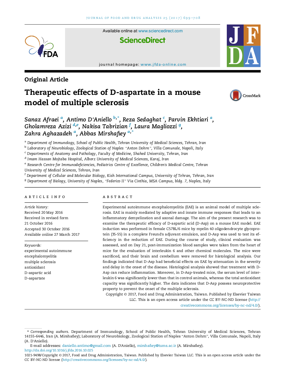 Therapeutic effects of D-aspartate in a mouse model of multiple sclerosis