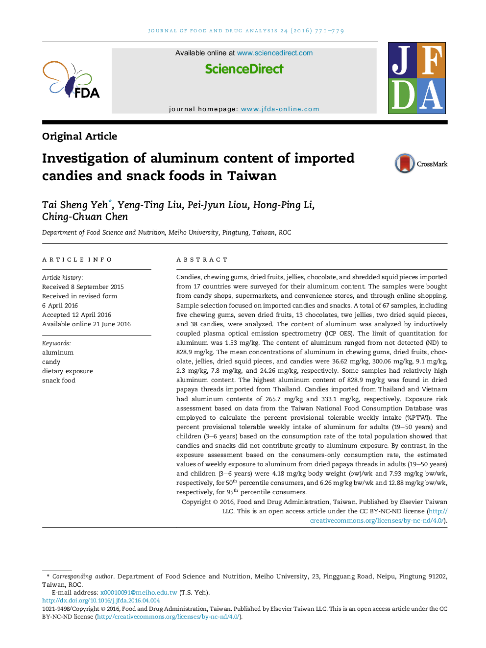 Investigation of aluminum content of imported candies and snack foods in Taiwan