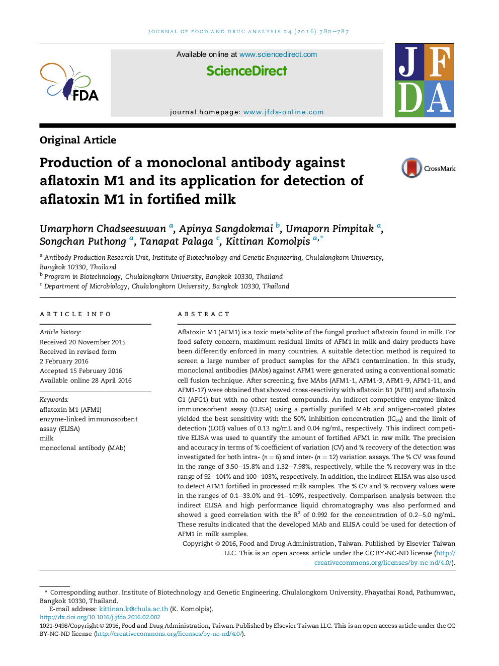 Production of a monoclonal antibody against aflatoxin M1 and its application for detection of aflatoxin M1 in fortified milk