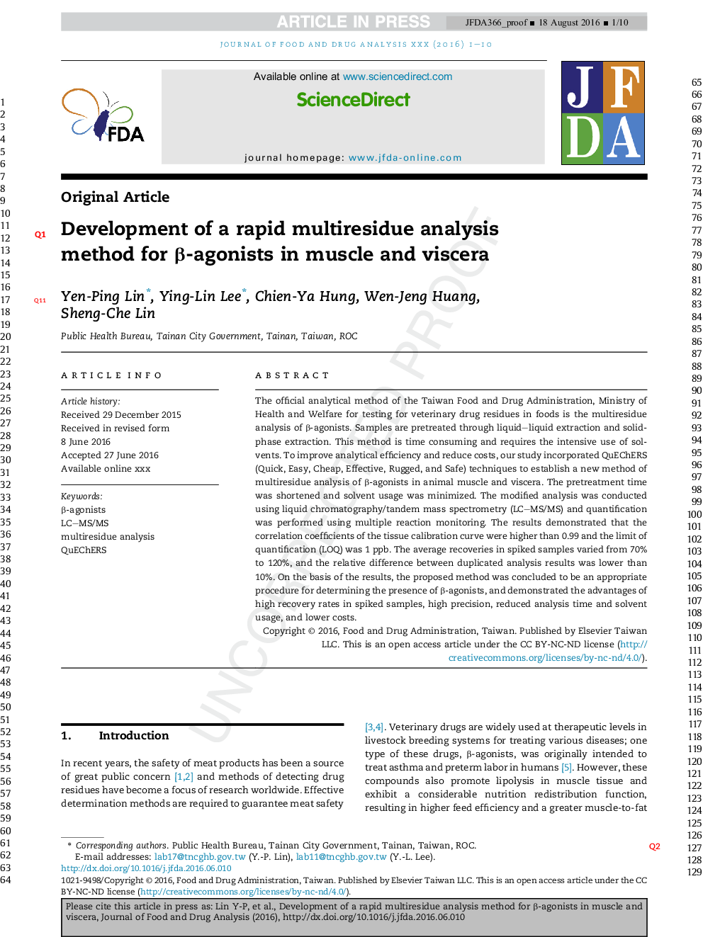 Determination of multiresidue analysis of Î²-agonists in muscle and viscera using liquid chromatograph/tandem mass spectrometry with Quick, Easy, Cheap, Effective, Rugged, and Safe methodologies