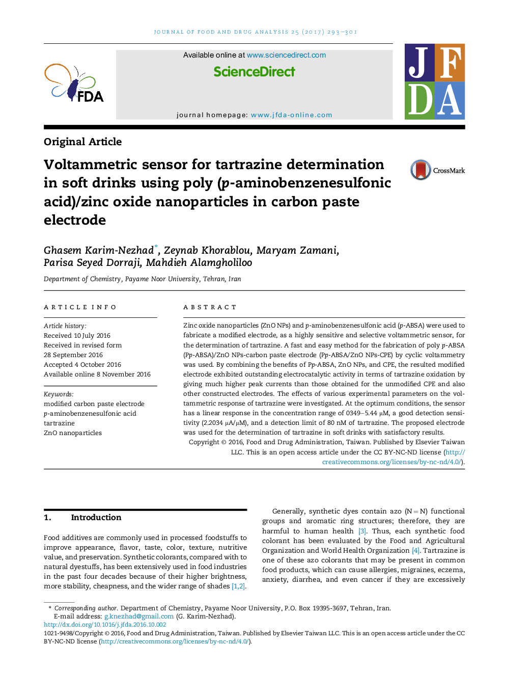 Voltammetric sensor for tartrazine determination in soft drinks using poly (p-aminobenzenesulfonic acid)/zinc oxide nanoparticles in carbon paste electrode