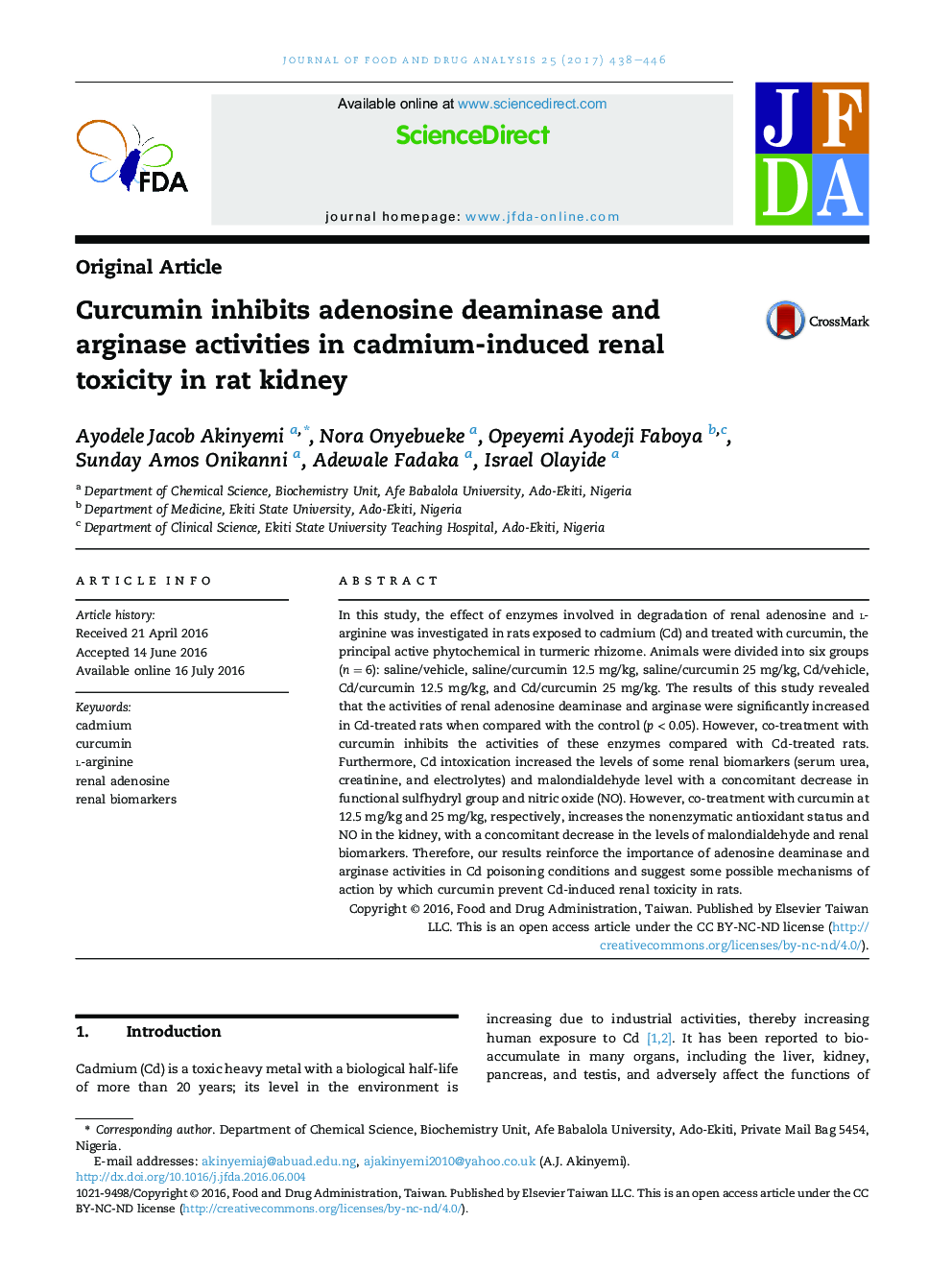 Curcumin inhibits adenosine deaminase and arginase activities in cadmium-induced renal toxicity in rat kidney