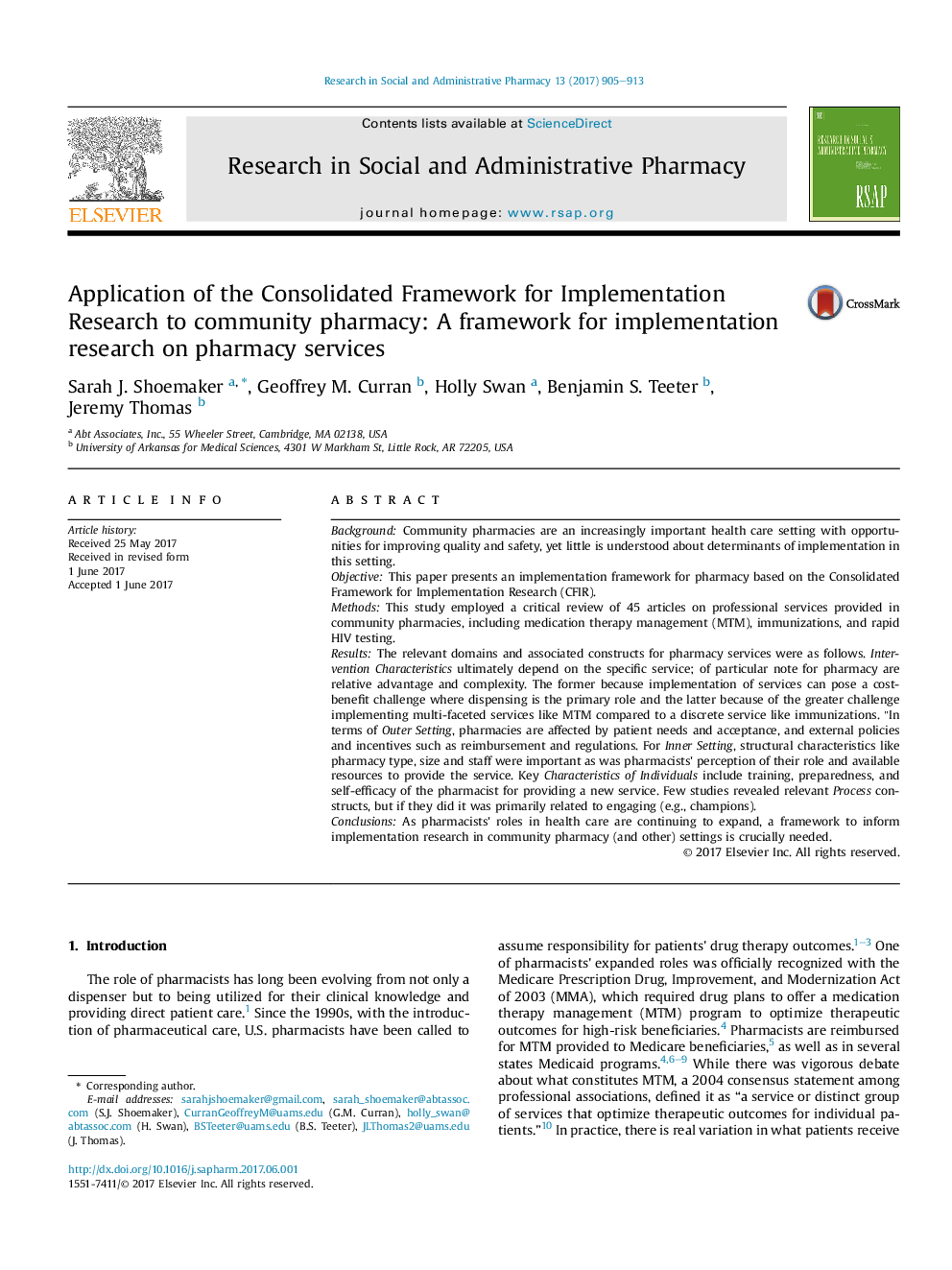 Application of the Consolidated Framework for Implementation Research to community pharmacy: A framework for implementation research on pharmacy services