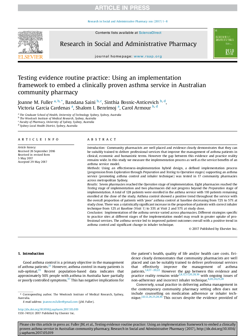 Testing evidence routine practice: Using an implementation framework to embed a clinically proven asthma service in Australian community pharmacy