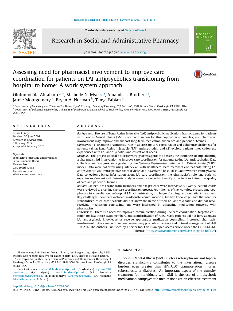 Assessing need for pharmacist involvement to improve care coordination for patients on LAI antipsychotics transitioning from hospital to home: A work system approach