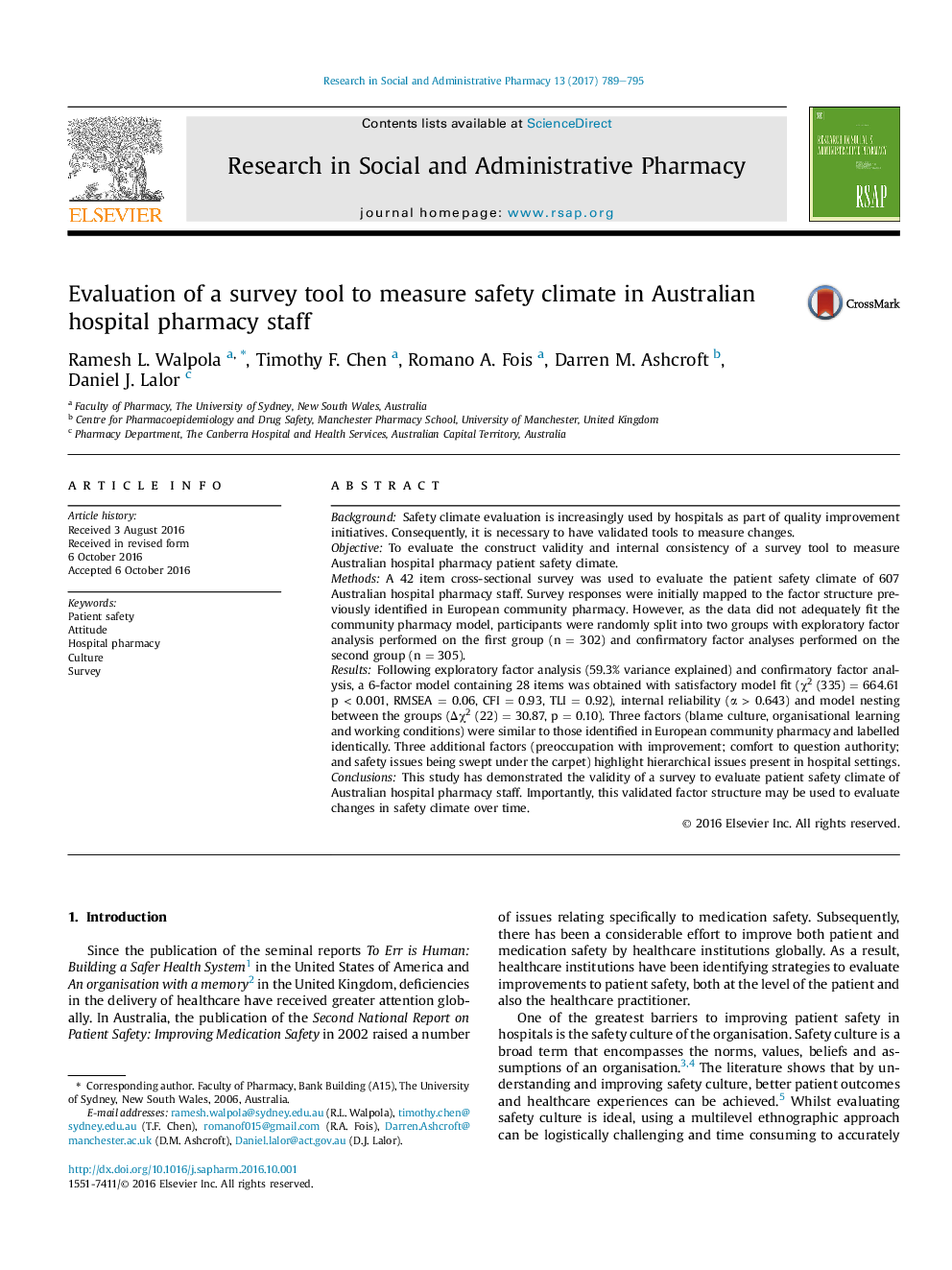 Evaluation of a survey tool to measure safety climate in Australian hospital pharmacy staff