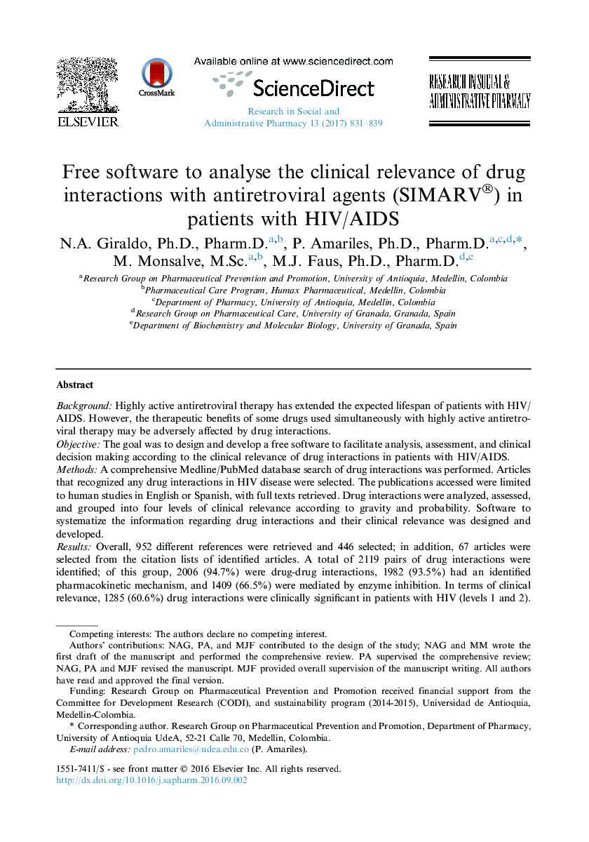 Free software to analyse the clinical relevance of drug interactions with antiretroviral agents (SIMARV®) in patients with HIV/AIDS