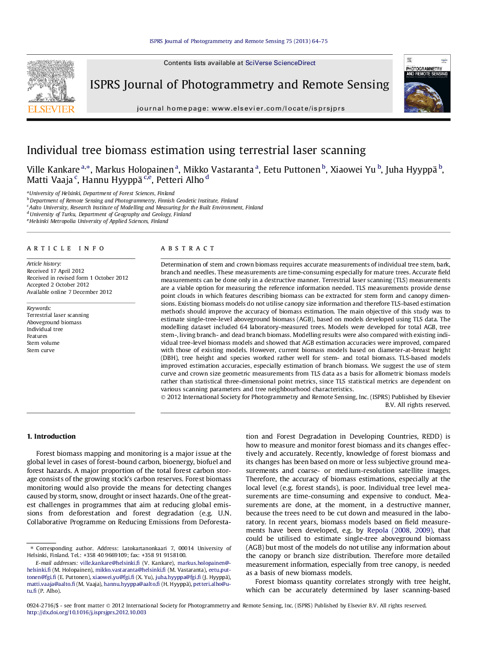 Individual tree biomass estimation using terrestrial laser scanning