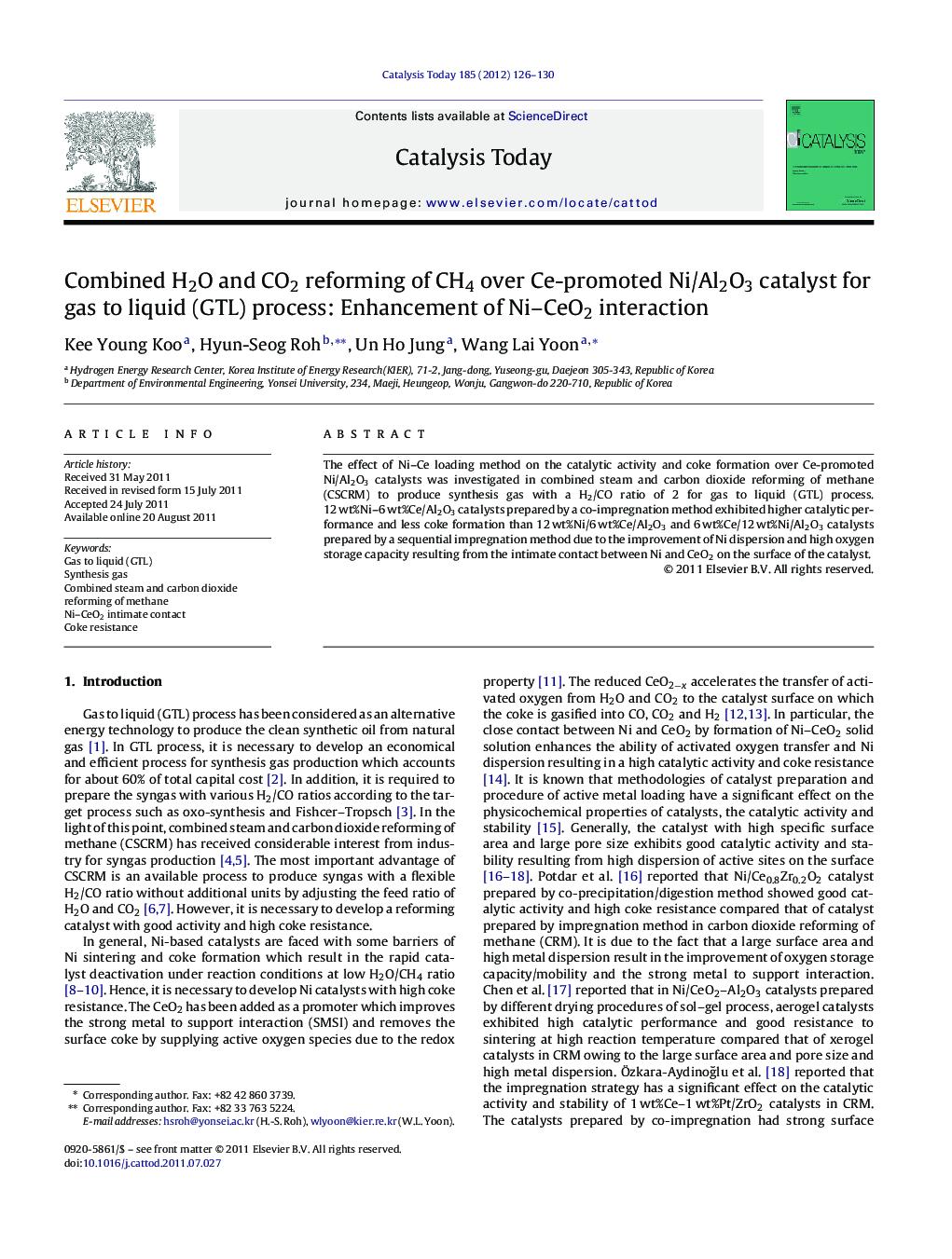 Combined H2O and CO2 reforming of CH4 over Ce-promoted Ni/Al2O3 catalyst for gas to liquid (GTL) process: Enhancement of Ni–CeO2 interaction
