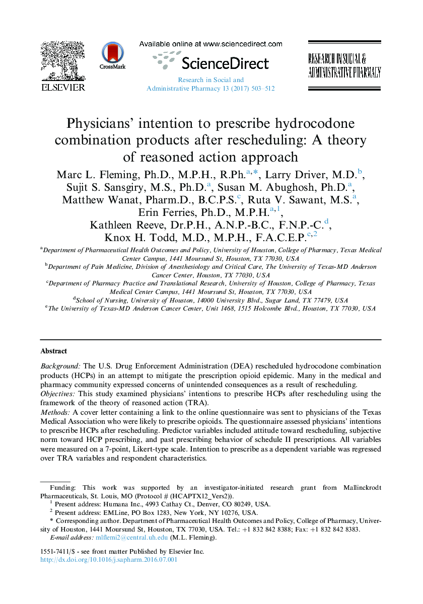 Physicians' intention to prescribe hydrocodone combination products after rescheduling: A theory of reasoned action approach