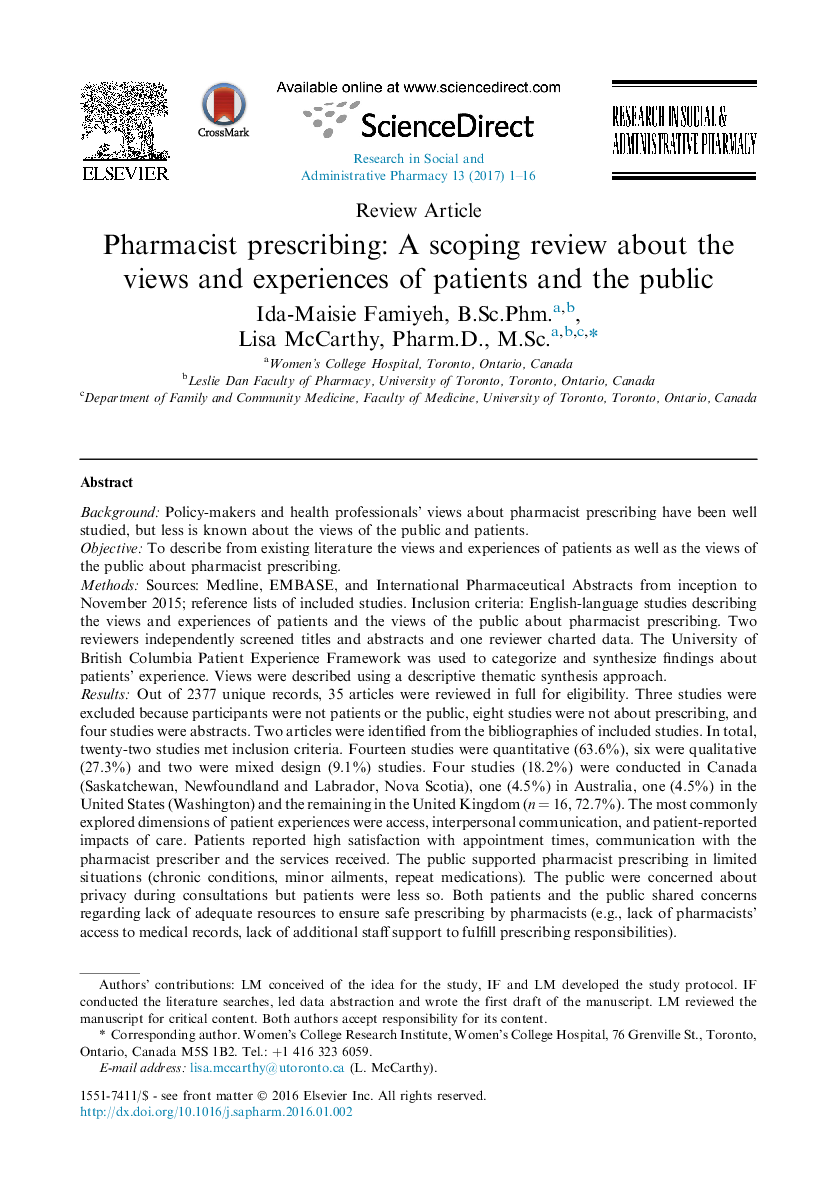 Pharmacist prescribing: A scoping review about the views and experiences of patients and the public