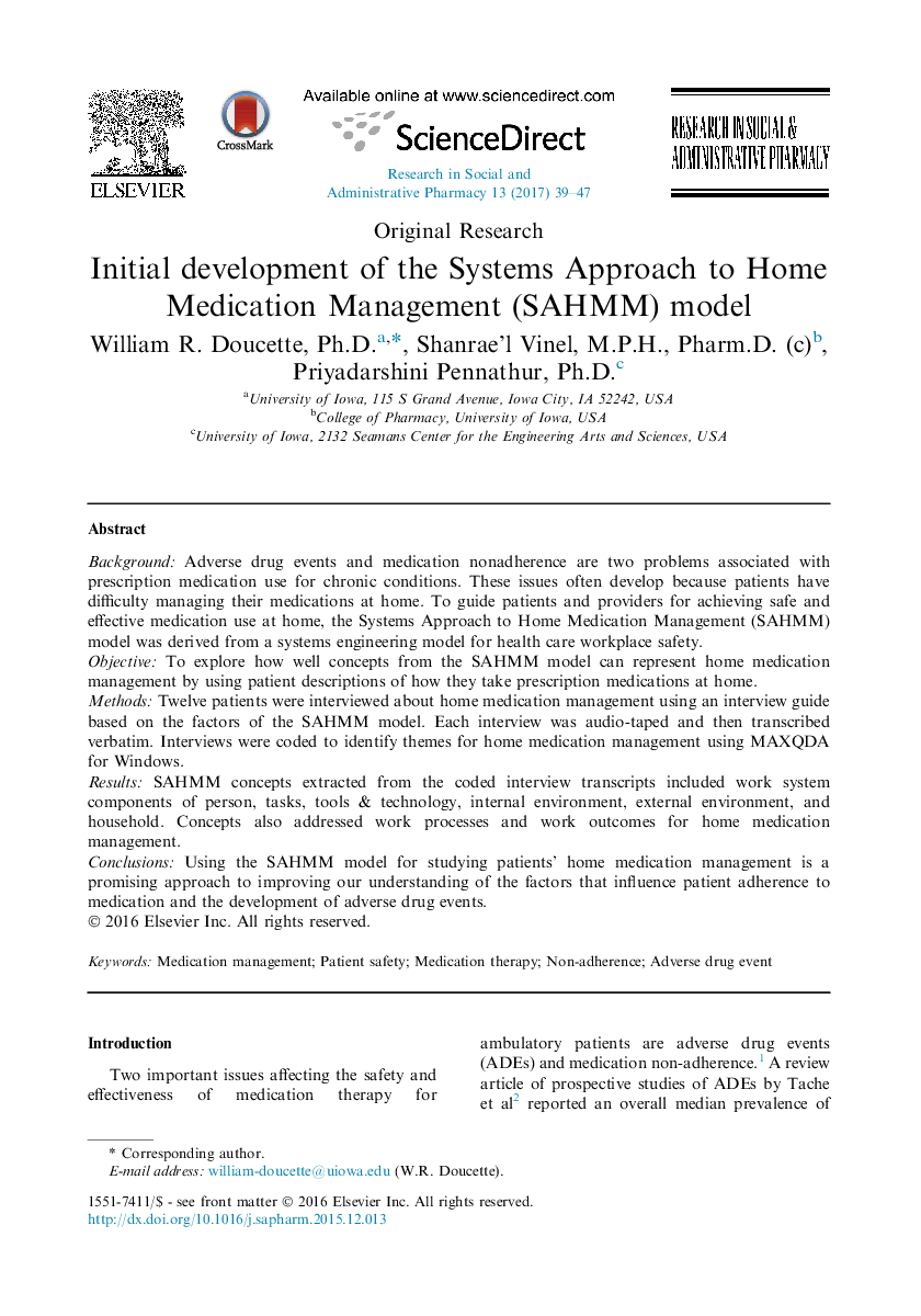 Initial development of the Systems Approach to Home Medication Management (SAHMM) model