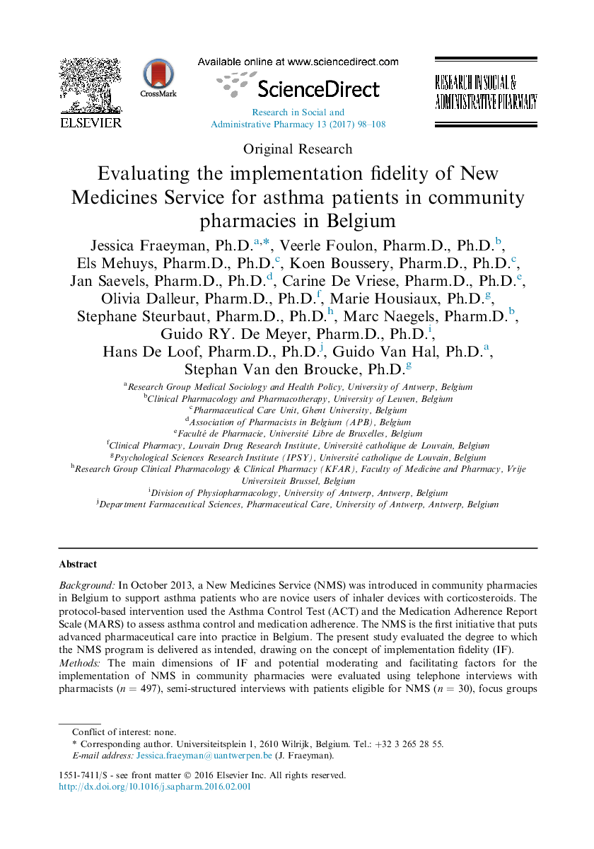 Evaluating the implementation fidelity of New Medicines Service for asthma patients in community pharmacies in Belgium