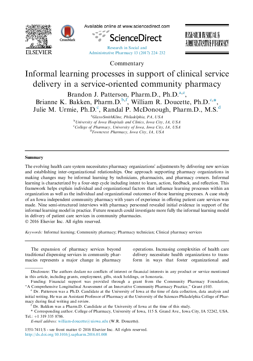 Informal learning processes in support of clinical service delivery in a service-oriented community pharmacy