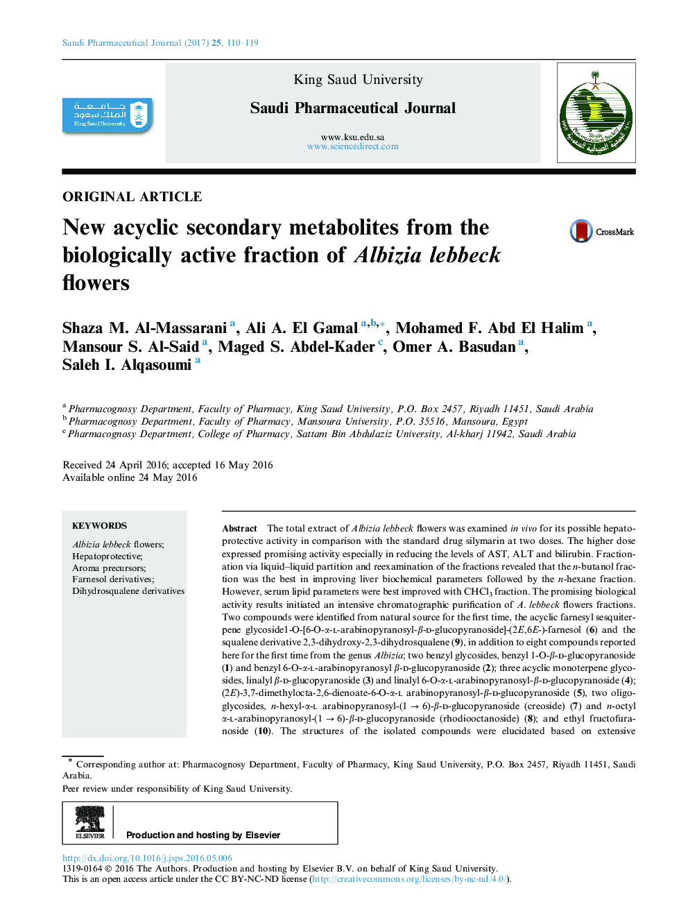 New acyclic secondary metabolites from the biologically active fraction of Albizia lebbeck flowers