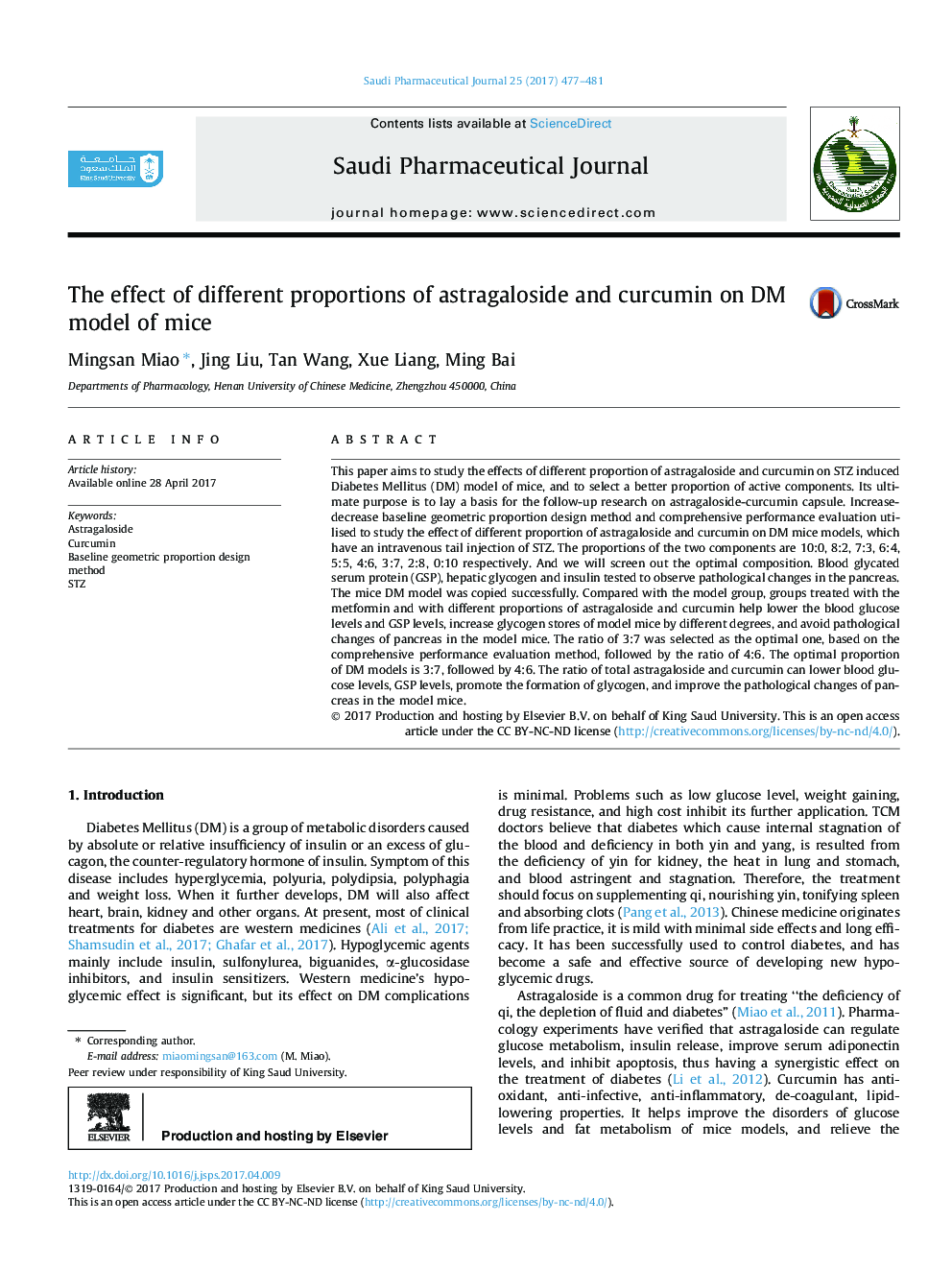 The effect of different proportions of astragaloside and curcumin on DM model of mice