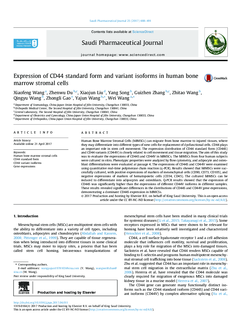 Expression of CD44 standard form and variant isoforms in human bone marrow stromal cells