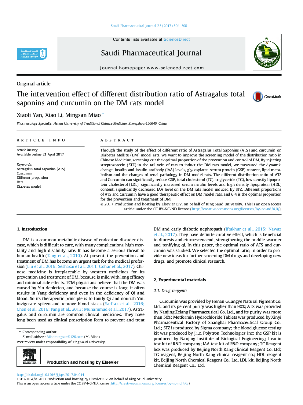 The intervention effect of different distribution ratio of Astragalus total saponins and curcumin on the DM rats model