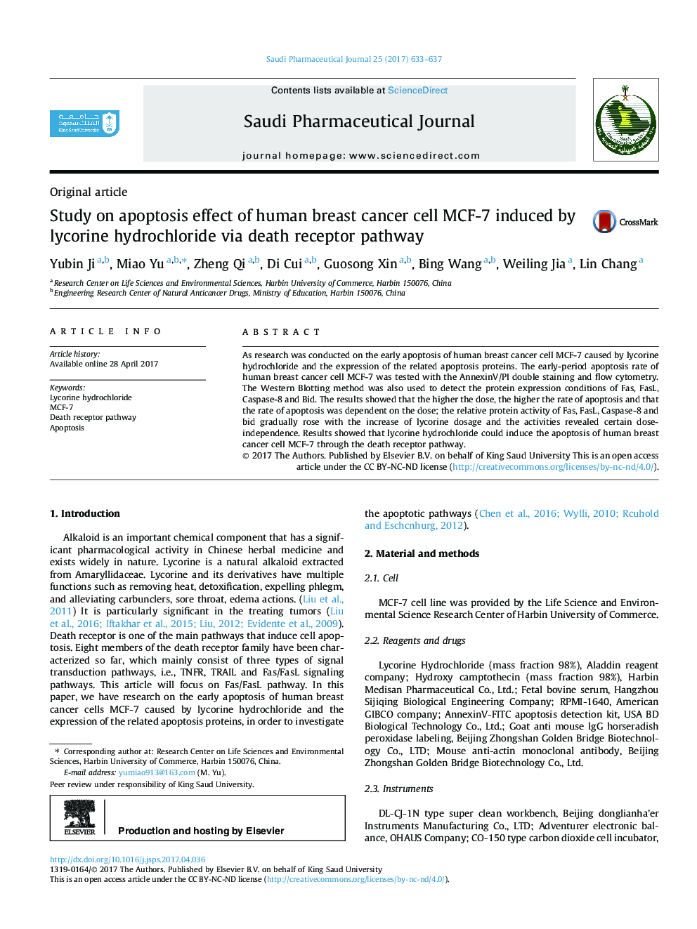 Study on apoptosis effect of human breast cancer cell MCF-7 induced by lycorine hydrochloride via death receptor pathway