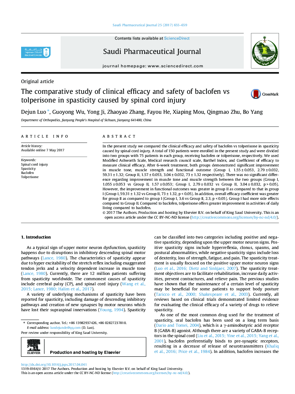 The comparative study of clinical efficacy and safety of baclofen vs tolperisone in spasticity caused by spinal cord injury