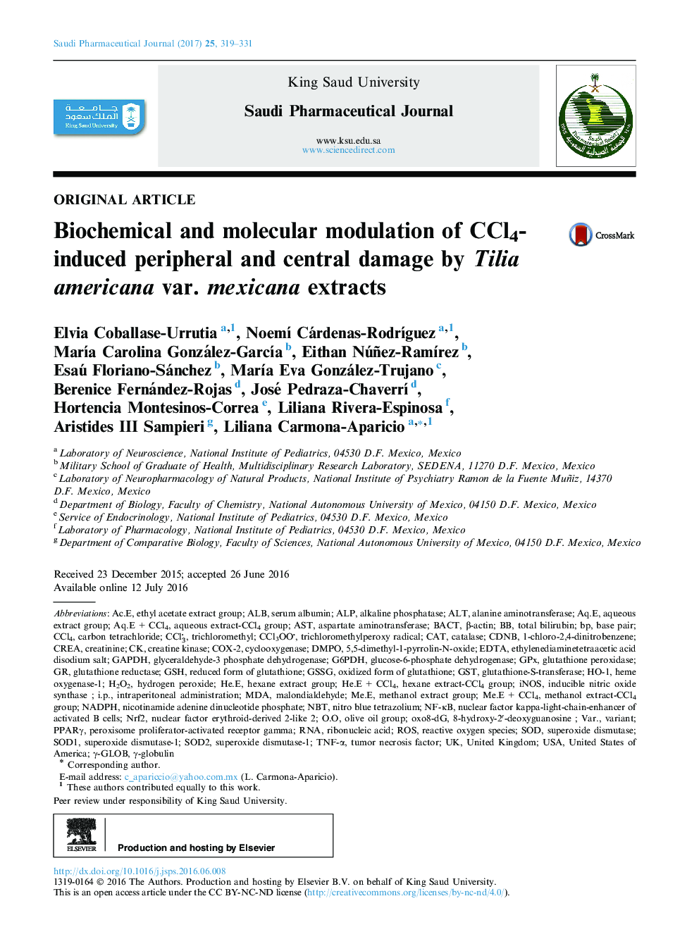 Biochemical and molecular modulation of CCl4-induced peripheral and central damage by Tilia americana var. mexicana extracts