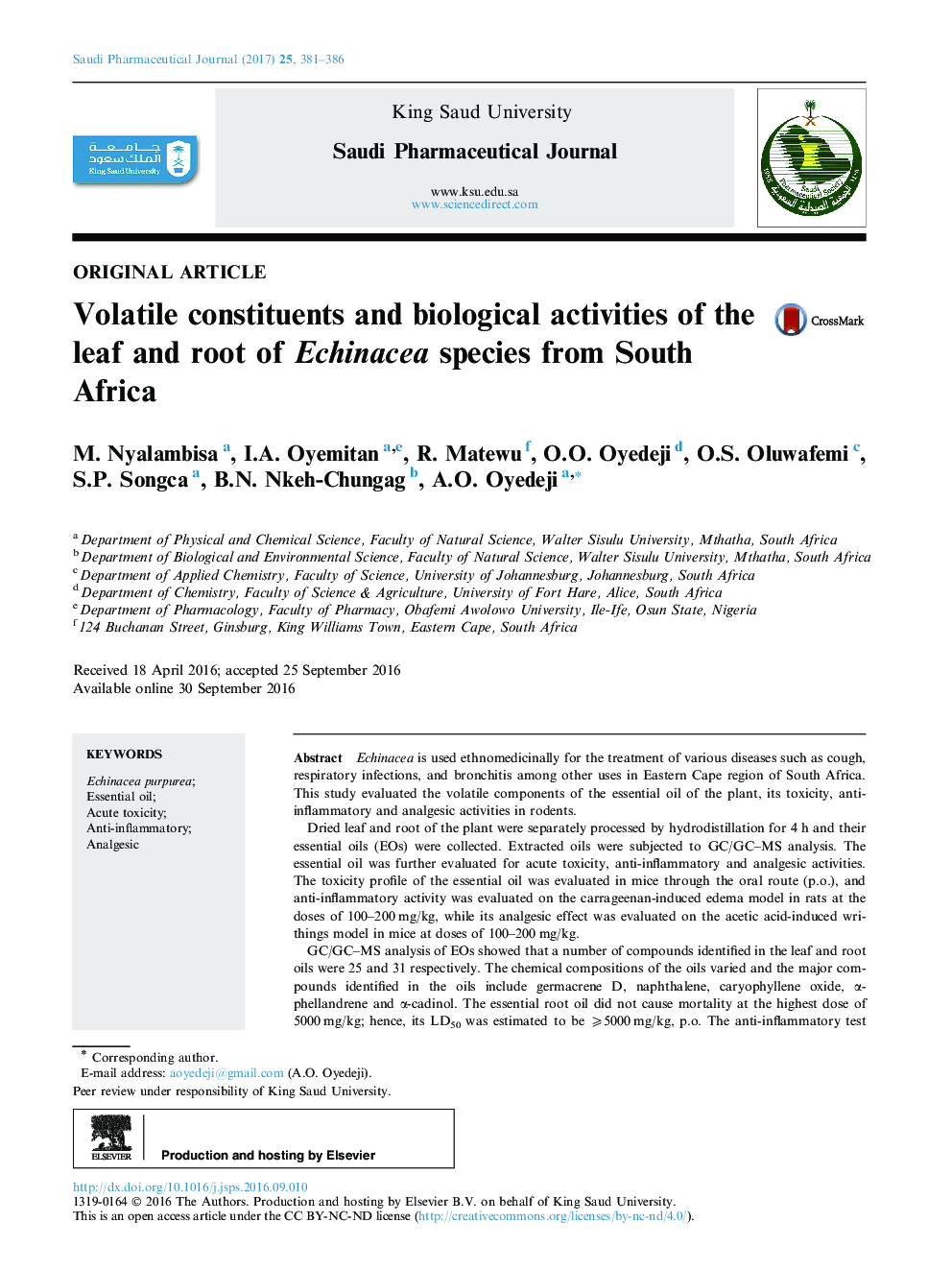 Volatile constituents and biological activities of the leaf and root of Echinacea species from South Africa