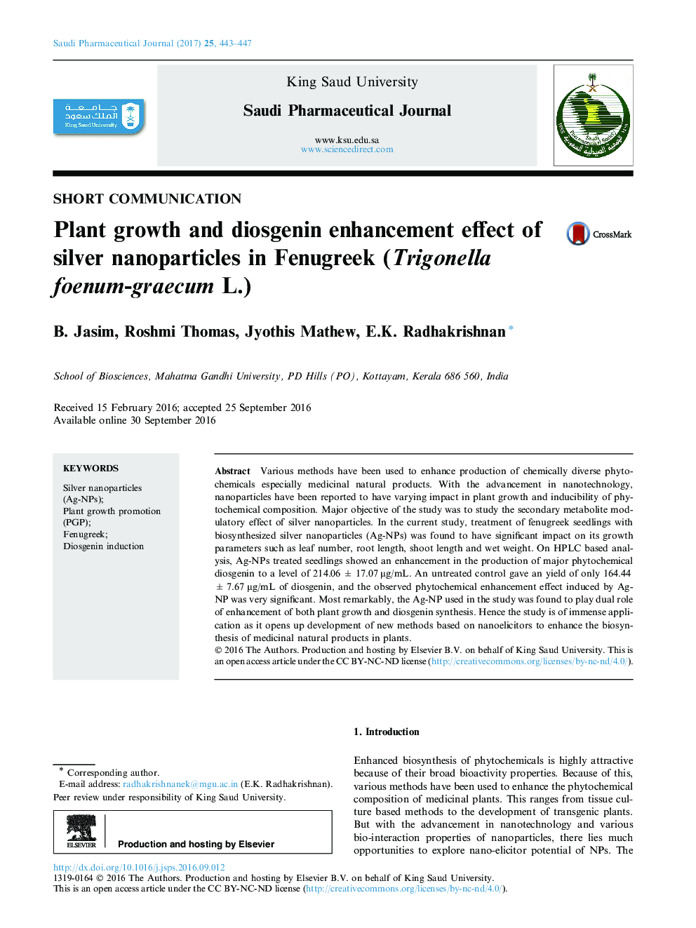 Plant growth and diosgenin enhancement effect of silver nanoparticles in Fenugreek (Trigonella foenum-graecum L.)